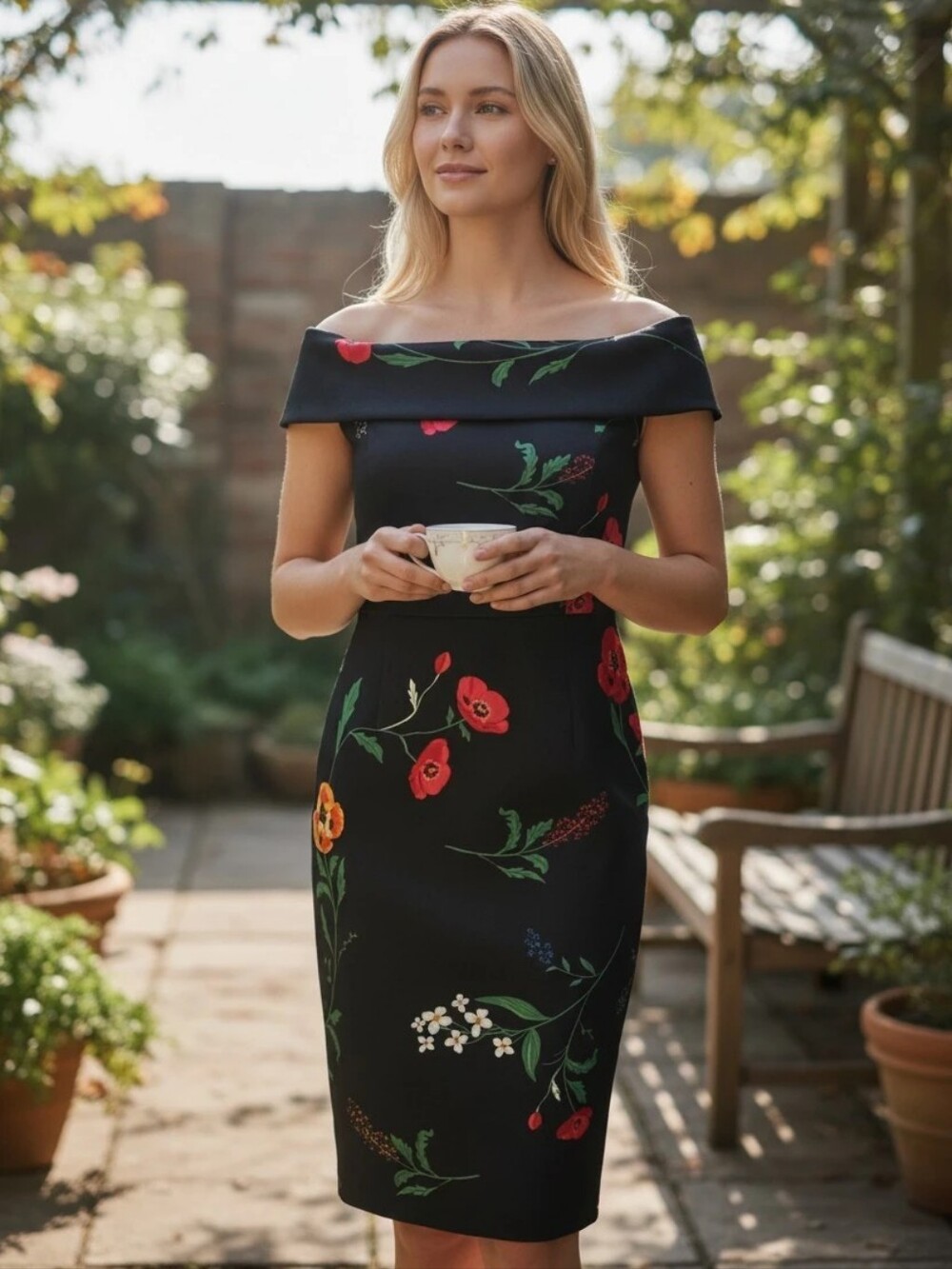 Calvin Klein Black Poppy Floral 8 Off Shoulder Pristine Scuba Sheath Party Dress